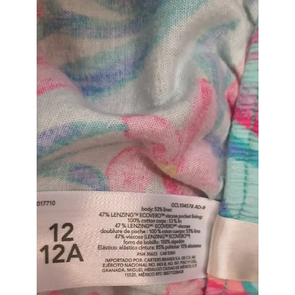 OshKosh B'gosh Aqua & Pink Floral Drawstring Linen Blend Shorts Size 12 GU